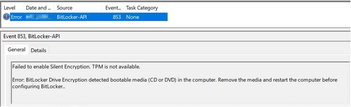 Captura de pantalla de los detalles del identificador de evento 853 (TPM no está disponible, se encontró un medio de arranque).