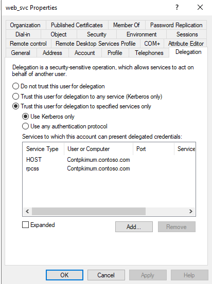 Configure web_svc propiedades en la pestaña Delegación del cuadro de diálogo Propiedades.