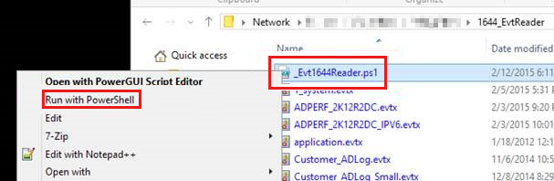 Haga clic con el botón derecho en el archivo Event1644Reader.ps1 y seleccione Ejecutar con PowerShell.