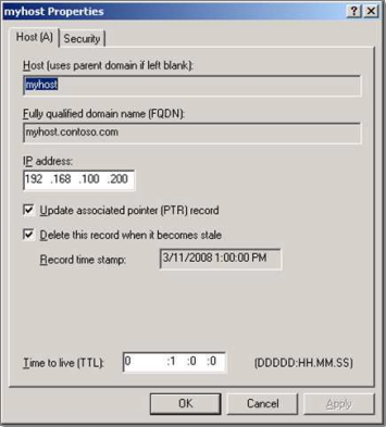 Captura de pantalla de la comprobación de las propiedades de un registro de recursos para ver la configuración de scavenging.