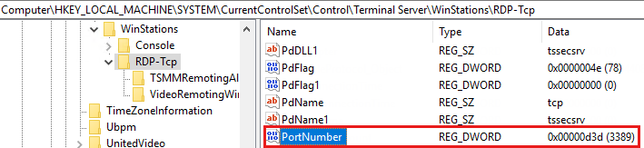 Captura de pantalla de la subclave PortNumber para el protocolo RDP.