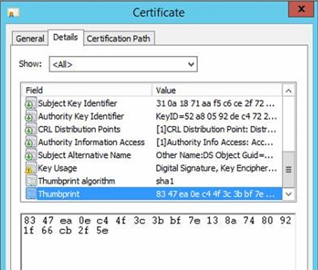 Ejemplo de la huella digital del certificado en las propiedades Certificate.