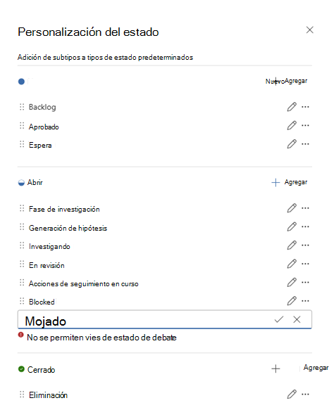 Captura de pantalla que muestra las opciones de estado predeterminadas y los estados personalizados.