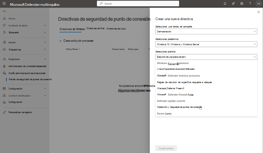 Captura de pantalla de la página de creación de directivas en la página de directivas de seguridad de puntos de conexión en la administración multiinquilino.