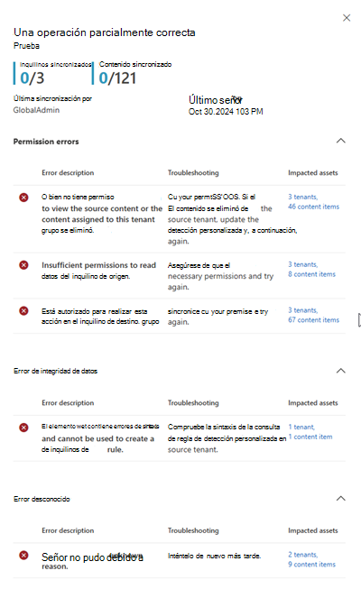 Captura de pantalla del panel lateral de resultados de sincronización.