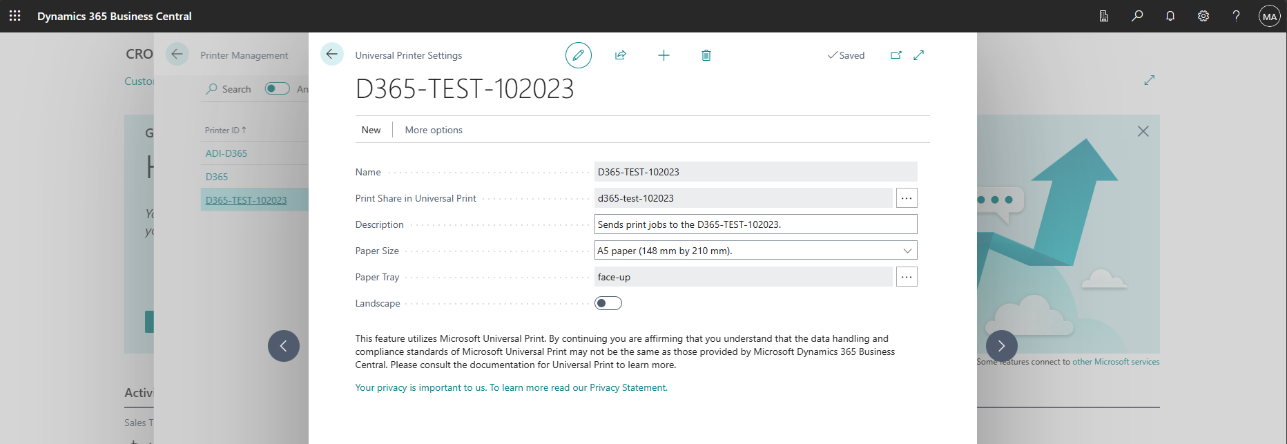 Configuración de tamaño de papel de Dynamics 365 Business Central