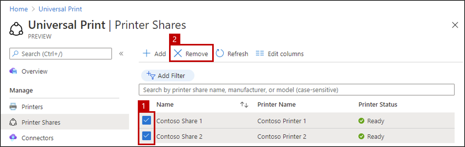 Captura de pantalla que muestra cómo eliminar varios recursos compartidos de impresora mediante el portal de impresión universal.