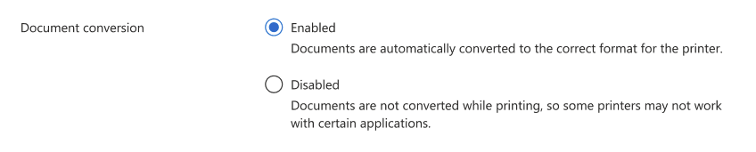 Captura de pantalla que muestra las opciones para la conversión de documentos