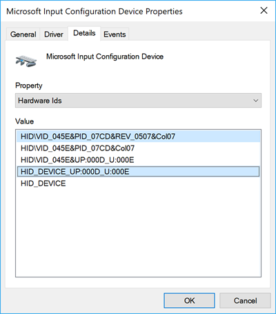 Detalles de HID de Administrador de dispositivos