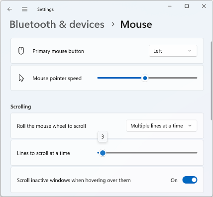 Captura de pantalla de la página Configuración del mouse que muestra la configuración de desplazamiento de la rueda del mouse.