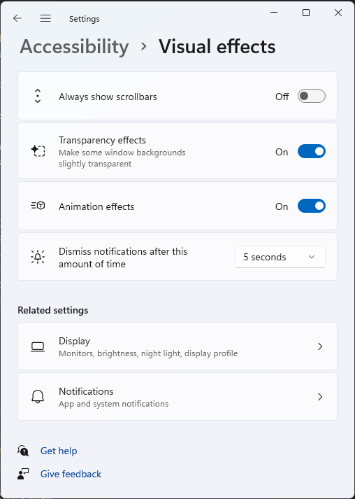 Captura de pantalla del cuadro de diálogo Configuración de efectos visuales de accesibilidad.