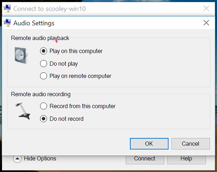 Recorte de pantalla de Reproducir audio remoto establecido en Reproducir en este equipo y deshabilitación de Grabación remota de audio.