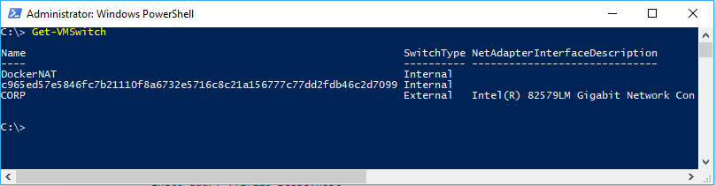 Muestra el comando get-VMSwitch de PowerShell.