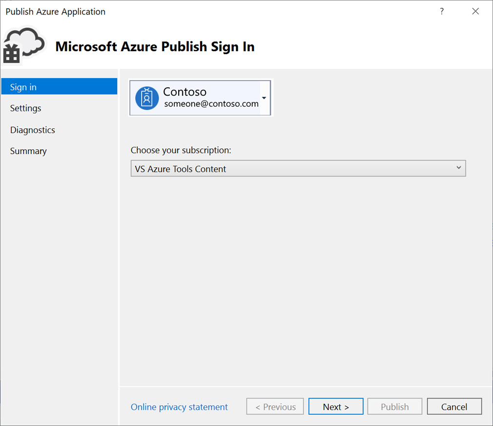 Captura de pantalla que muestra el panel Publicar inicio de sesión de Microsoft Azure en el Asistente para publicar aplicaciones de Azure.