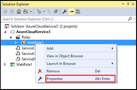 Menú contextual del rol de Azure en el Explorador de soluciones