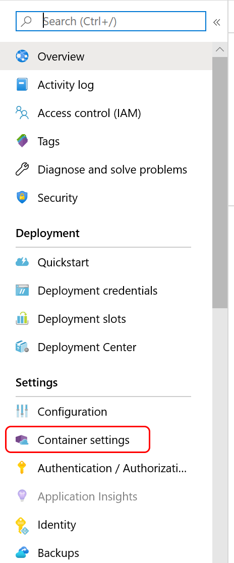 captura de pantalla del menú Configuración del contenedor en Azure Portal.