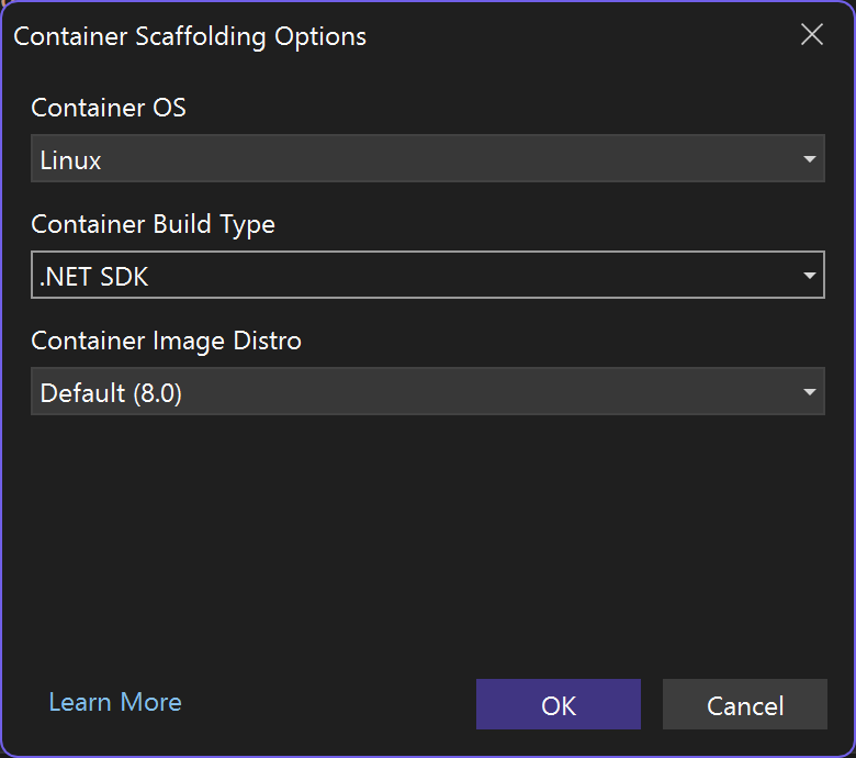 Captura de pantalla que muestra el diálogo Opciones de andamiaje de contenedor para agregar compatibilidad con Docker, con el SDK de .NET seleccionado como tipo de compilación de contenedor.