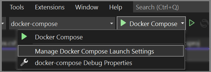 Captura de pantalla del elemento de menú Administrar la configuración de Compose de Depurar