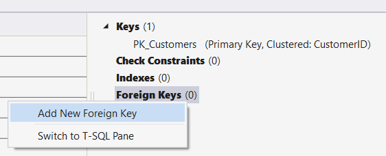 Agregar una clave externa en el Diseñador de tablas en Visual Studio