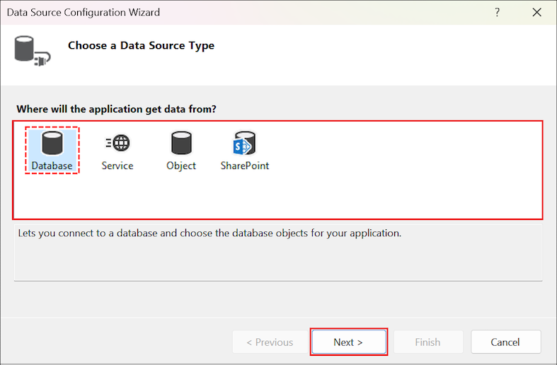 Captura de pantalla que muestra el Asistente para configuración de orígenes de datos en Visual Studio.