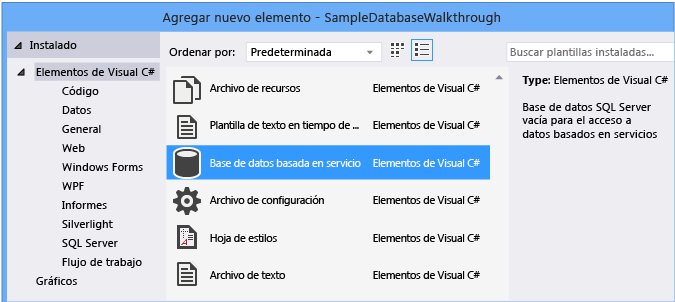 Agregar nuevo elemento > base de datos basada en servicio