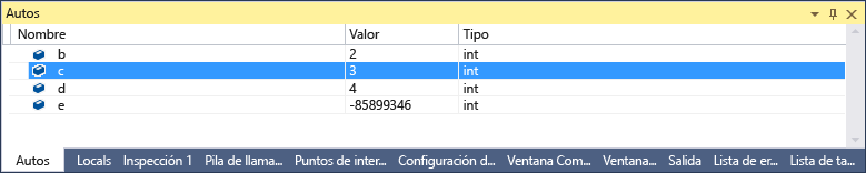 Captura de pantalla de la ventana Autos, con la línea resaltada que muestra el int c con un valor de 3.