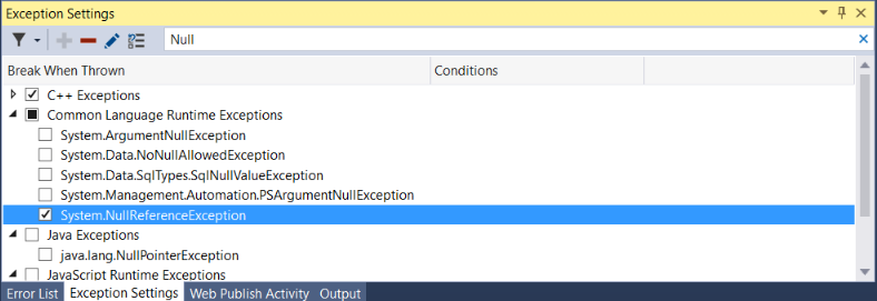 Cuadro de diálogo de configuración de excepciones