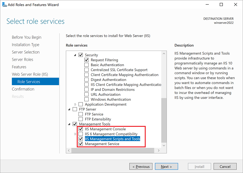 Captura de pantalla que muestra las herramientas y los scripts de administración de IIS seleccionados.