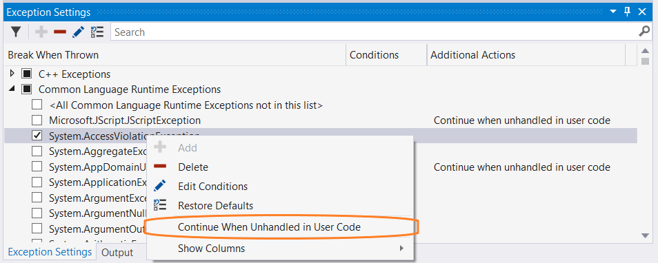 Captura de pantalla de la configuración Continuar cuando no se controle en el código de usuario.