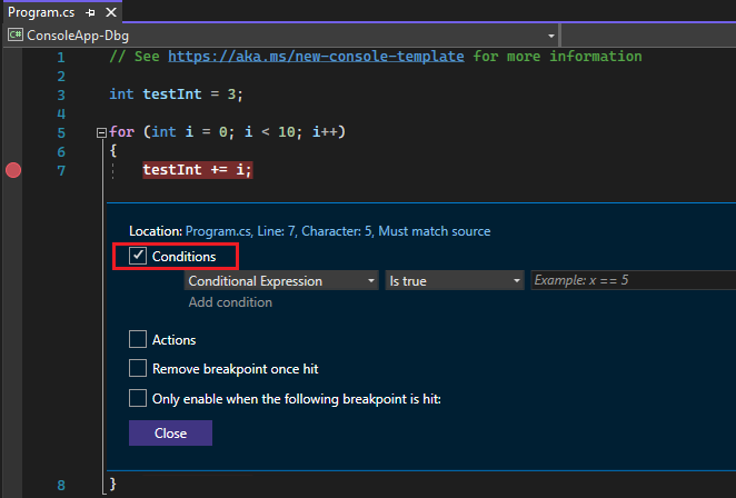 Configuración del punto de interrupción