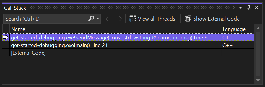 Captura de pantalla que muestra cómo examinar la pila de llamadas en Visual Studio 2022.