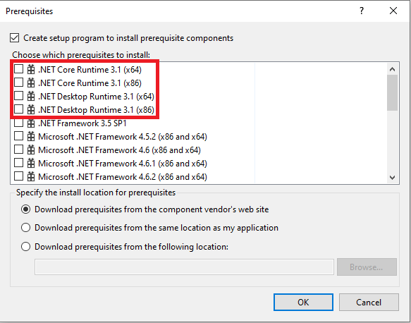 Elementos de .NET Core en el cuadro de diálogo Requisitos previos