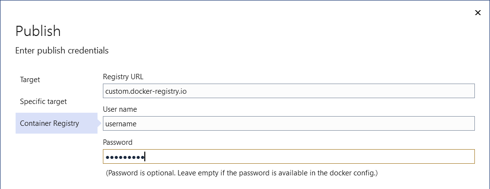 Captura de pantalla en la que se muestra la opción de publicar en otra instancia de Docker Container Registry.