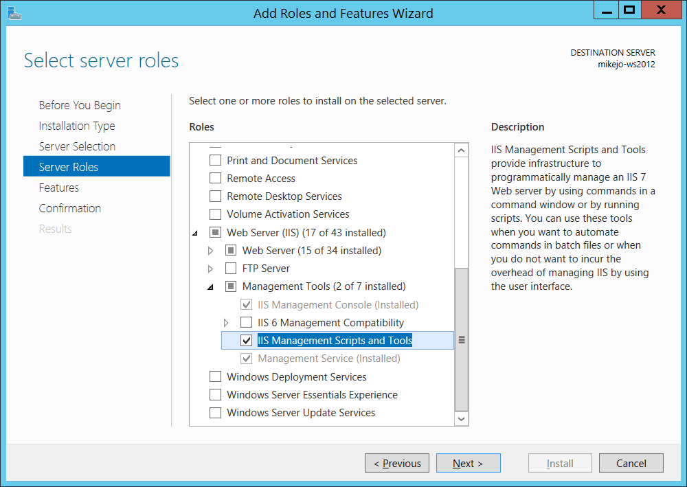 Instalar herramientas y scripts de administración de IIS