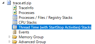 Nodo Thread Time Stacks (con Actividades StartStop) en la vista de resumen PerfView