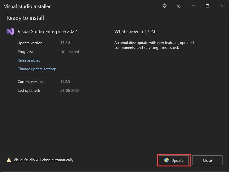 Captura de pantalla del Instalador de Visual Studio con las actualizaciones.