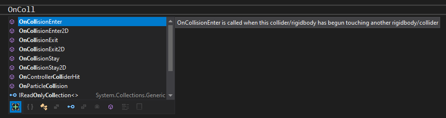 Captura de pantalla del cuadro de diálogo de IntelliSense que muestra OnCollisionEnter.