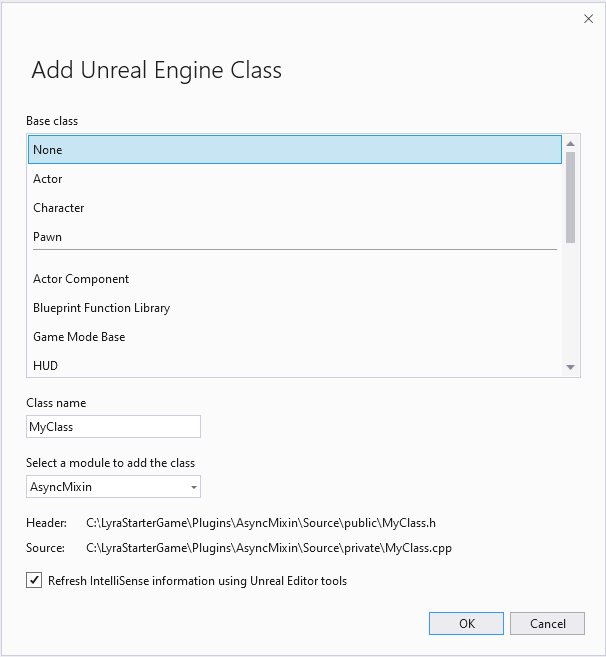 Captura de pantalla del cuadro de diálogo para agregar nuevas clases de Unreal Engine.