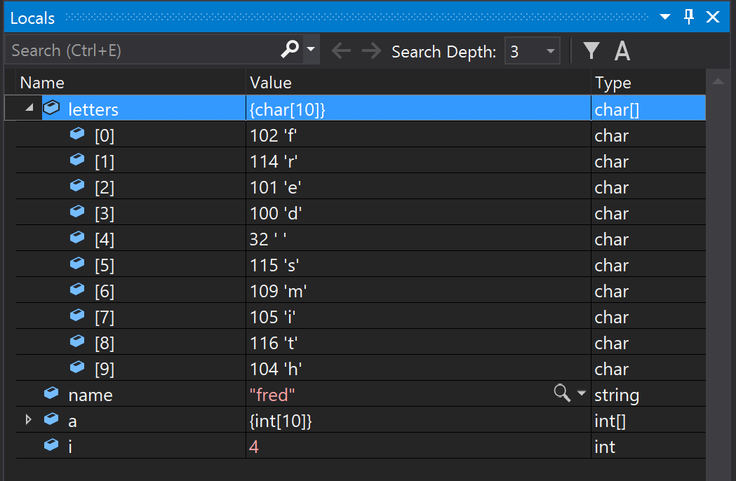 Captura de pantalla de la ventana Variables locales en Visual Studio.