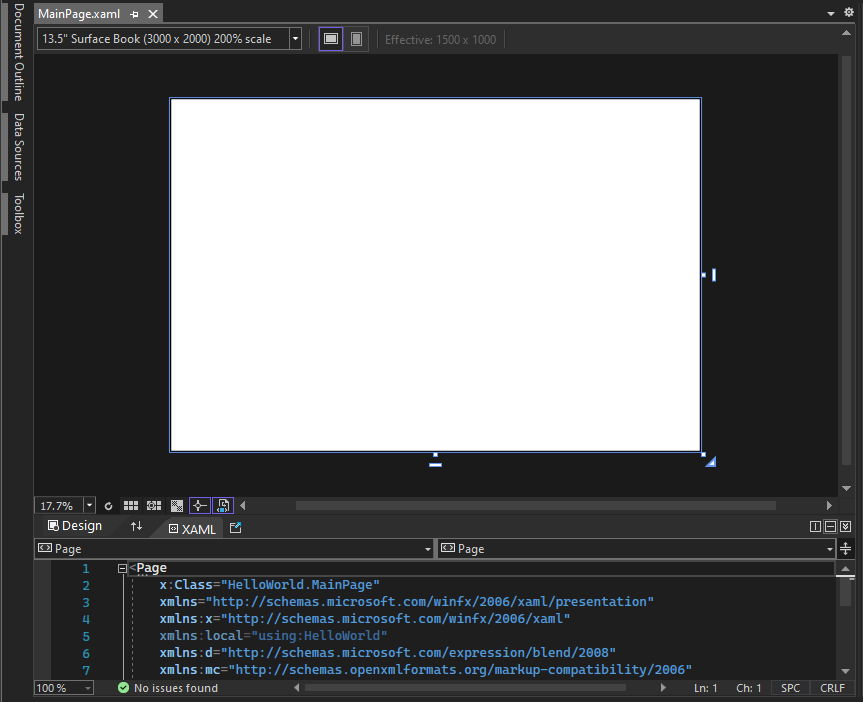 Screenshot showing MainPage.xaml open in the Visual Studio IDE. The XAML Designer pane shows a blank design surface and the XAML Editor pane shows some of the XAML code.