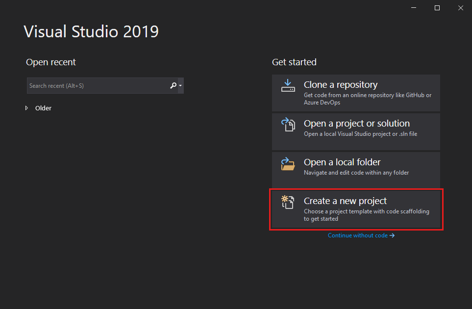 Captura de pantalla que muestra la ventana de inicio de Visual Studio. Se resalta la opción Crear un nuevo proyecto.