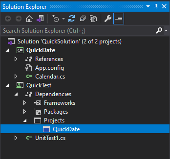 Captura de pantalla del Explorador de soluciones que muestra una referencia de proyecto en Visual Studio 2019.