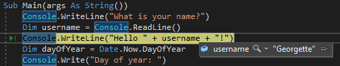 Captura de pantalla que muestra el valor de una variable durante la depuración en Visual Studio.