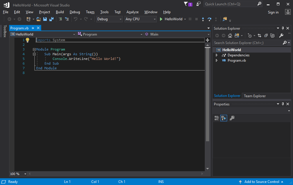 Captura de pantalla que muestra el IDE de Visual Studio.