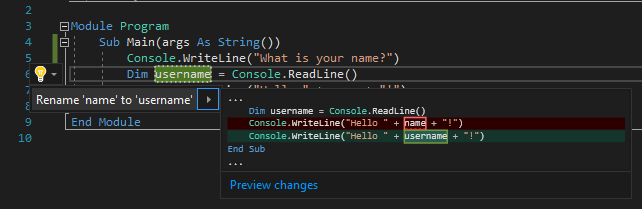 Captura de pantalla que muestra la acción Cambiar nombre en Visual Studio.