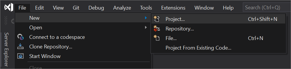 Captura de pantalla de la selección Archivo > Nuevo > Proyecto de la barra de menú de Visual Studio 2019.