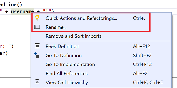 Captura de pantalla del menú Refactorización en Visual Studio.