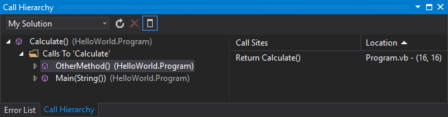 Captura de pantalla que muestra la ventana Jerarquía de llamadas en Visual Studio.