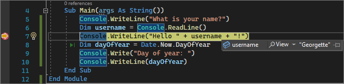 Captura de pantalla que muestra el valor de una variable durante la depuración en Visual Studio.