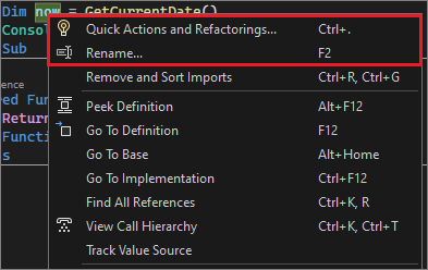 Captura de pantalla del menú Refactorización en Visual Studio.